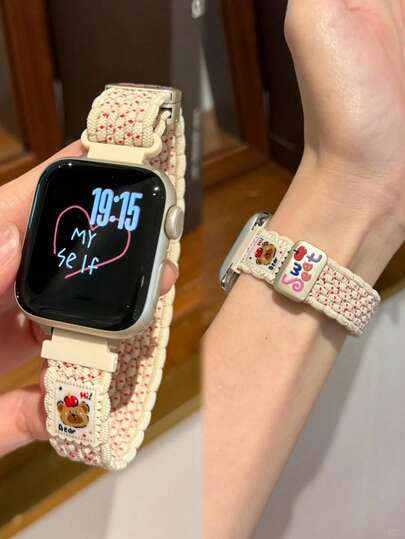 1pc Fashionable Cute Bear Thin Nylon Watch Band, Compatible With Apple Watch Series 11/10/9/8/7/6/SE/5/4/3/2/1/Ultra/2, Adjustable Knitted Band With Magnetic Clasp For Women/Girls, Fits 46mm/42mm/49mm/45mm/40mm/42mm/44mm/38mm , Great Gift For Girls