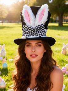 1pc Easter Bunny Ear Hat, Rabbit Shaped Hat, Fairy Tale Theme Party Hat, Checkered Pattern Hat, Costume Prop For Adults And Children - Multicolor - View 5