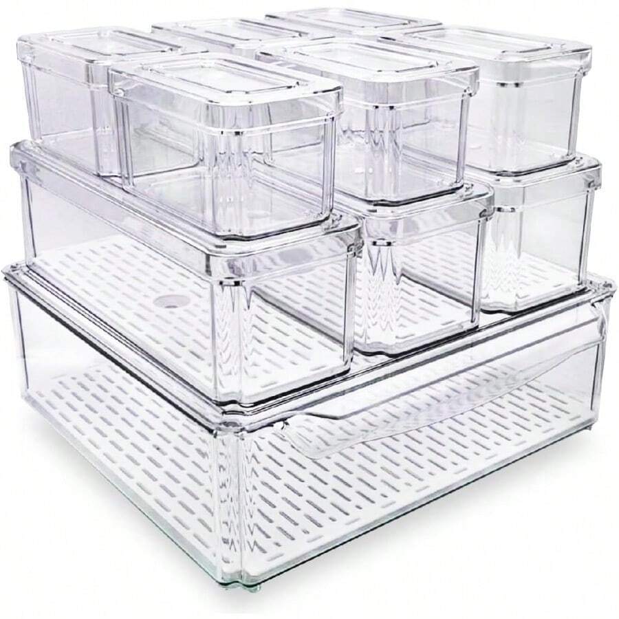 10-Pack Clear Fridge Organizer Bins With Lids & Drainage Holes, Stackable Container Set, Plastic Refrigerator Storage Containers For Food, Fruits, Vegetables, Meats (Multi-Purpose) - 預設 - 查看 1