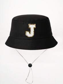 1顶26字母印花儿童渔夫帽+可拆卸防风绳，可调节户外遮阳帽，适合男孩女孩，春秋季旅行、海滩、度假 - 黑色 - 查看 14