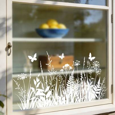 1pc Static Cling Window Film, White Wildflower Meadow Pattern With Mushrooms, Ferns And Butterflies, Glass Sticker, Reusable No Glue, PVC Material, Waterproof, Removable, Botanical Theme Home Decor, Suitable For Living Room, Kitchen, Bathroom, Balcony, Spring/Summer Farmhouse Style