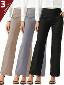 3PCS  Wide Leg Pants Woman Yoga Pants With Pockets Stretch Loose Casual Lounge Sweatpants Petite/Regular/TallDesigned For Women And Teens. - 3PCS (Black + Gray + Khaki) - 查看 1