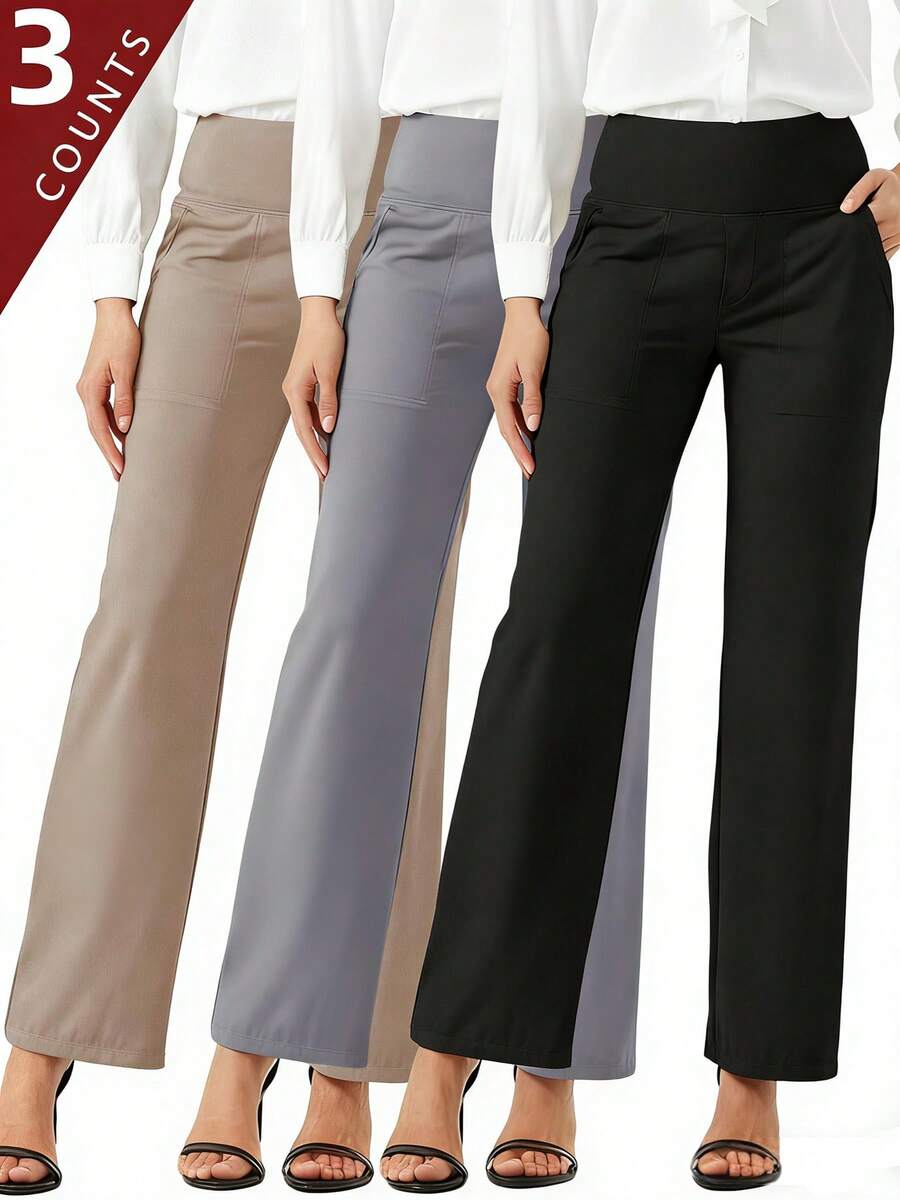 3PCS  Wide Leg Pants Woman Yoga Pants With Pockets Stretch Loose Casual Lounge Sweatpants Petite/Regular/TallDesigned For Women And Teens. - 3PCS (Black + Gray + Khaki) - 查看 1