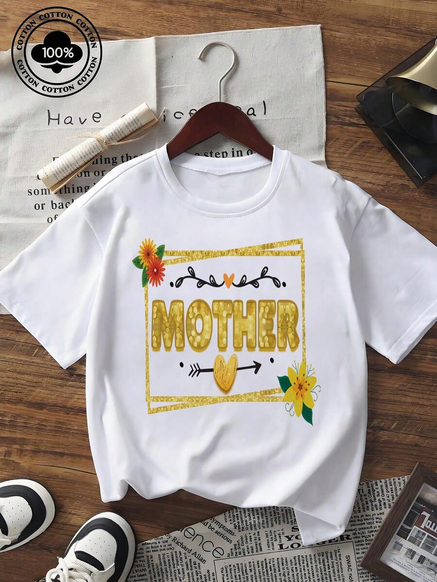 Camiseta gráfica de manga corta para mujer con estampado de letras de madre, decoración floral y de corazón, cuello redondo, informal, para uso diario, color negro - Blanco - Ver 1