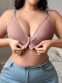 1pc Women Plus Size Comfortable Minimalist Front Closure Wireless Nursing Bra, Knit Fabric - Dusty Pink - View 6