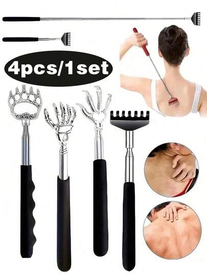 4pcs/Set Extendable Stainless Steel Back Scratcher, Ergonomic Handle Design, Suitable For Hard-To-Reach Areas, Portable Scratching Brush, Suitable For Men And Women, Perfect Gift For Parents And Teenagers, Elegant Gift Packaging