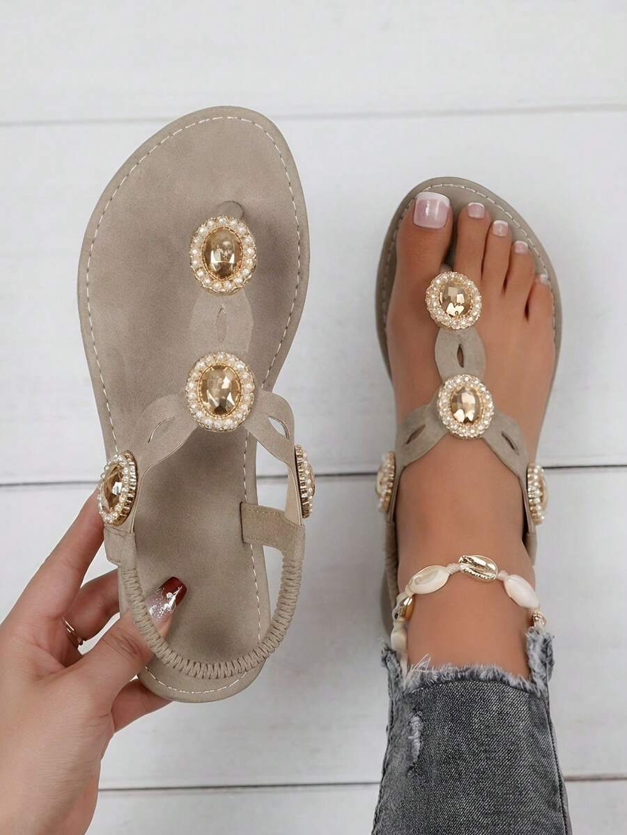 2022 Summer New Flat Sandals For Women, Plus Size Rhinestone Thong Design Elastic Back Strap Flat Heel Summer Sandals,Beach Outfits,Flip Flops - Grey - View 1