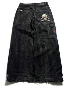 Y2K Harajuku Hip-Hop Unisex Street Jeans, Retro Blue Style, Loose High Waist Wide Leg, Letter Print - Black - View 5
