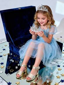 1 Pair Girls' Rhinestone Decor PU Leather Non-Slip Low Heel Open Toe Princess Style Sandals, Suitable For Stage Performance, Birthday Outfit Matching And Summer Party Occasions - Gold - View 5