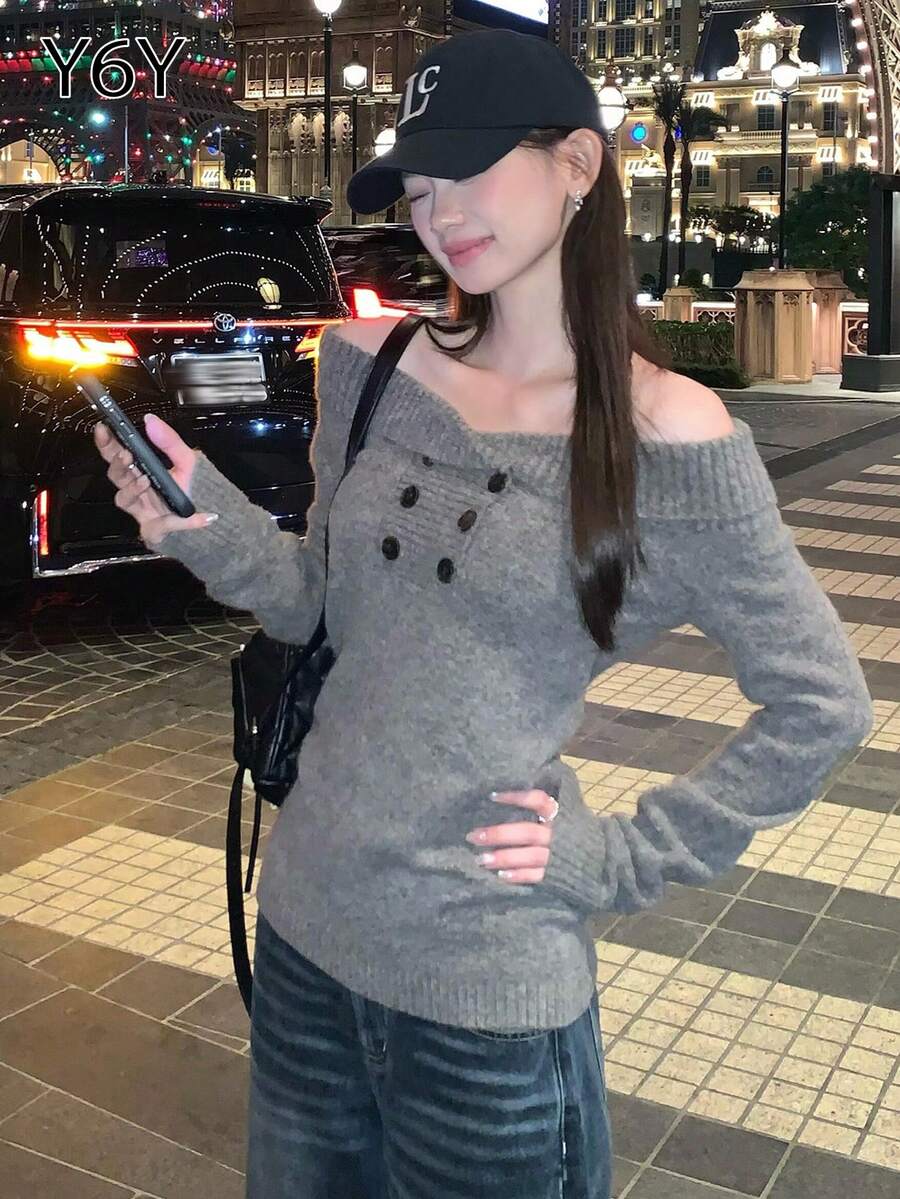 [Y6Y] Women's Elegant Off-Shoulder Knit Sweater, Long Sleeve Fitted Style Versatile Pullover Top - Coffee Gray - View 1