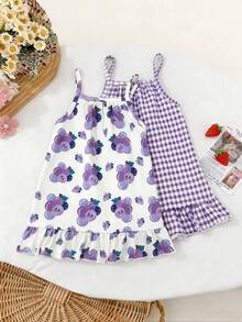 2pcs/Set Girls Casual Red Plaid Strawberry Print Off-Shoulder Cami Dress, Suitable For Party, Holiday, Leisure, Vacation, Outdoor Wear, Summer - Purple - View 2