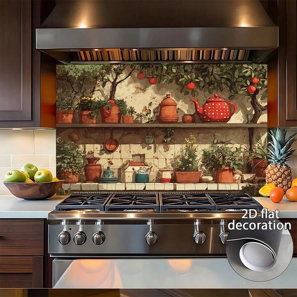 1 pieza Adhesivo de pared de estilo granja moderna de PVC - Papel tapiz de cocina irregular mate, adecuado para macetas cerámicas, plantas verdes y patrones de tetera roja - Diseño plano 2D fácil de despegar, removible y duradero para decoración del hogar