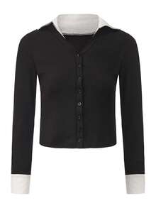 Áo len dài tay ARA CHIC dành cho nữ, phối màu đen trắng, cổ áo tương phản, kiểu dáng retro sinh viên, thiết kế ôm eo, áo kiểu chắp vá, phù hợp cho đi làm hàng ngày, mẫu mới mùa xuân 2026. - Xem 4