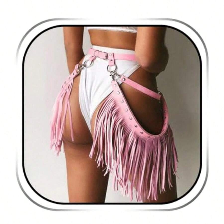 Cowgirl Fringe Belt Black Tassel Belts Cowgirl Accessories Leather Harness Waist Costume Accessory For Women - 粉色 - 查看 1