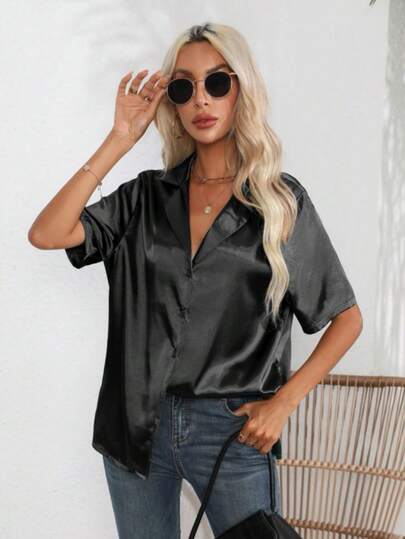 缎面短袖衬衫，翻领V领单排扣上衣，黑色夏季款