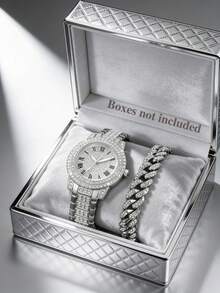 2pcs Fashion Gold Alloy Roman Numeral Rhinestone Quartz Watch & Adjustable Cuban Link Bracelet Set, Party/Birthday Gift Watch Set, Sparkling Silver Party Watch (Cuban Bracelet Detachable & Adjustable) - Silver - View 1