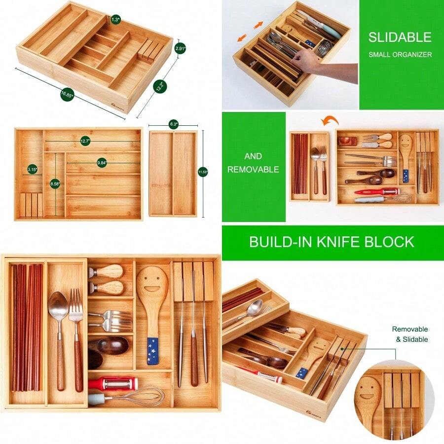 Double Layer Bamboo Kitchen Drawer Organizer Cutlery Utensil Sierware Drawer Organizer Sierware Tray For Drawer Removable Utensil Holder Flatware Organizer Multi-Use Storage Box L - 天然竹子 - 查看 1