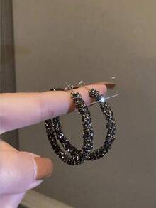 1 Pair New Popular Large Circle Earrings For Women, Rhinestone Decor Elegant Hoop Drop Earrings Suitable For Daily Wear - 彩色 - 查看 1