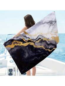 速干超细纤维沙滩巾 - 轻便，黑色大理石纹，适合游泳和旅行，可机洗 - 彩色 - 查看 4
