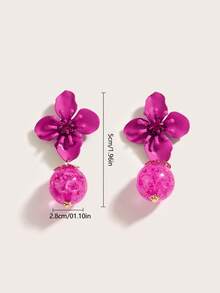 1 Pair Fashionable Sweet Pink Flower & Cracked Bead Earrings For Women, Suitable For Valentine's Day, Vacation And Daily Wear - Pink - View 5