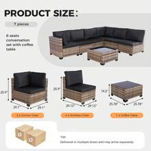 7 Piece Outdoor Rattan Wicker Patio Conversation Sets All Weather With Glass Tables And Cushions, Suitable For Gardens, Terraces, Balconies, Swimming Pools, Courtyards, Etc. - 黑色 - 查看 4