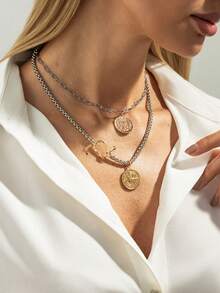 Set de 2 collares con colgante de disco circular y broche de herradura estilo bohemio, elegante accesorio vintage para uso diario y fiestas, collar de metal versátil como regalo para mujeres - collar - Ver 4