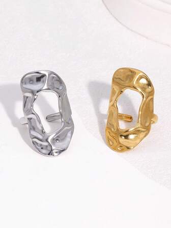 1pc Fashionable Asymmetrical Geometric Gold-Plated Stainless Steel Open Ring, Suitable For Women's Daily, Party And Date Wear
