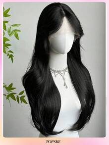 TOPSHE 13*5*1 T型蕾丝前假发，24英寸柔软黑色无刘海假发，耐热合成纤维，适合日常、派对、旅行、角色扮演、圣诞节及其他场合。 - 黑色 - 查看 6
