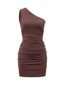 Women's Solid Color Knit Mini Bodycon Slip Dress, Spring/Summer Off Shoulder Short Dress, Suitable For Valentine's Day Elegant - Brown - View 4