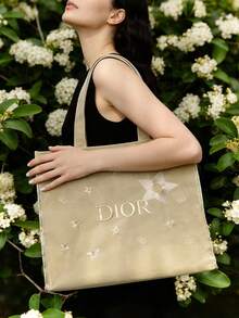 Dior Gold Star Mesh Tote Bag, Large Capacity Women's Luxury Cosmetic Bag, Travel Beauty Organizer Bag Shiny Party Handbag, Women's Gift, Bridesmaid Gift Fashion Designer Women & Girls Toiletry Bag - Champagne - View 3