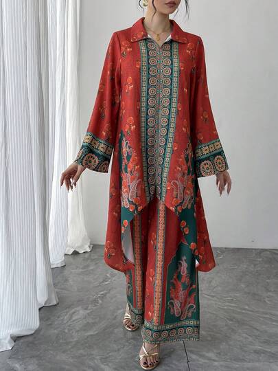 两件套女士套装，包括印花翻领V领喇叭袖长款套头衫+不规则下摆连衣裙+撞色弹力腰阔腿裤，优雅阿拉伯风格奢华撞色套装，适合正式晚宴、节日派对及日常休闲穿着。