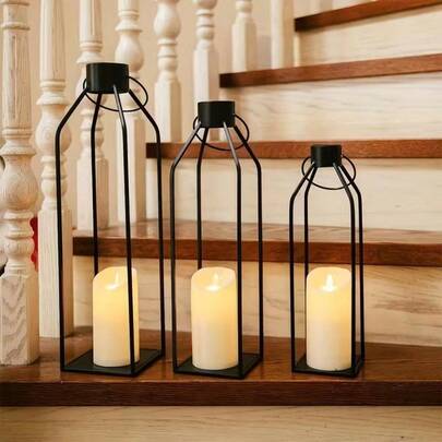 Modern Farmhouse Lanterrn Decor, 3Pcs Durable Black Metal Candle Lantern Set, Indoor & Outdoor Decorative Hanging Candle Lantern, Candle Holder For Front Porch, Patio, Dining Table, Garden, Fireplace Mantle, Holiday, Easter, Thanksgiving, Christmas, Halloween Decoration (Without Candle)
