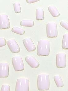 24pcs Short Square Shaped Solid Color French Style False Nails, Simple Nail Art Tips, Nail Patch Set Fingers Press On Nails Nail Supplies - Hồng 2 - Xem 3