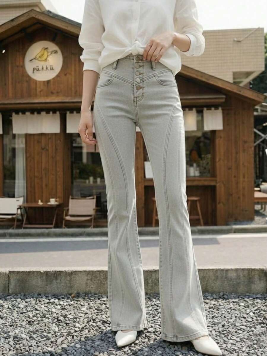 YEAE | Women's Elegant Light-Washed Flare Long Jeans With Button Details, Medium Stretch, Casual Style - Grey - View 1