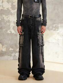1件美式复古废土风格解构多口袋黑色宽松阔腿工装牛仔裤。（不含腰带和配饰） - 黑色 - 查看 4