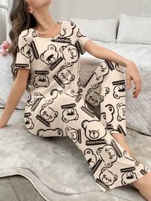 Conjunto de pijama informal para mujer con estampado de oso y letras en todo el diseño - Multicolor - Ver 1