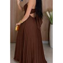 Long Pleated Dress With Back Tie And Built-In Bra Cups. Charming And Comfortable. Casual, Elegant, Sensual. Knotted Pleat Fabric. Perfect For Weddings. - 鏽棕色 - 查看 2
