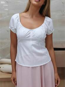 Women's Smocked Short Sleeve Lace Trim Blouse V Neck Ruffle Hem Peplum Shirt Tops - White - View 1