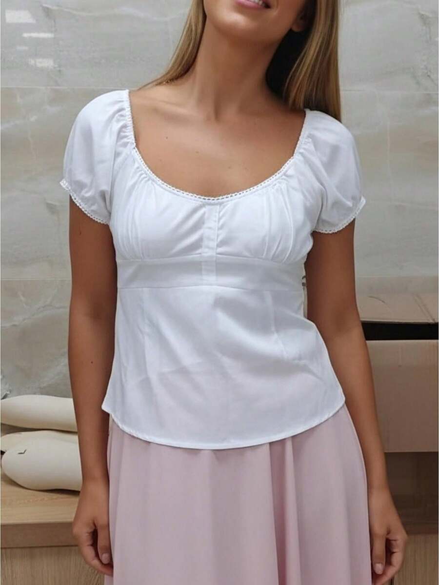 Women's Smocked Short Sleeve Lace Trim Blouse V Neck Ruffle Hem Peplum Shirt Tops - White - View 1