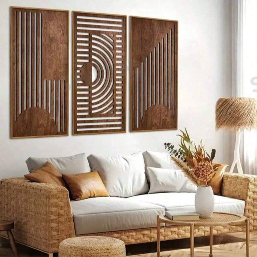 3 Stücke abstraktes geometrisches Holz-Wandkunst Set - moderne Inneneinrichtung, geeignet für Wohnzimmer, Schlafzimmer oder Büro, Wanddekoration, Wohnzimmer Dekor abstrakte Wandkunst, klar bedruckter Holzmaserung Textur, Wanddekoration