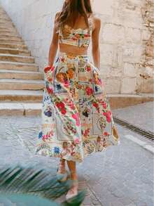 Salvatore Ferragamo Women 2-Piece Printed Sleeveless Top And Single-Breasted Long Skirt, Casual Suit, Bohemian Style Summer Dress, Bohemian Style, Vacation, Summer Dress, Wedding, Summer Dress, Women's Vacation Outfit, Retro Style, St. Patrick's Day Outfit, Easter Dress, Backless Dress, Denim Outfit, Wedding Dress - Multicolor - View 6