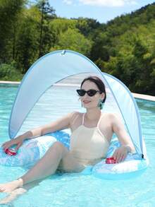 1pc 2026 New Double-Layer Sun Shade Armrest Inflatable Floating Chair, Floating Sofa, Pool Lounge Chair, Portable Multi-Function Swim Ring, Inflatable Floating Mat, Outdoor Foldable Backrest Net Floating Bed, Water Inflatable Sunshade U-Shaped Seat Ring, Pool Water Backrest Lounge Chair, Maple Leaf Floating Chair, PVC Blue Maple Leaf Outdoor Floating Mat, Summer Pool Mesh Floating Bed - Blue - View 15