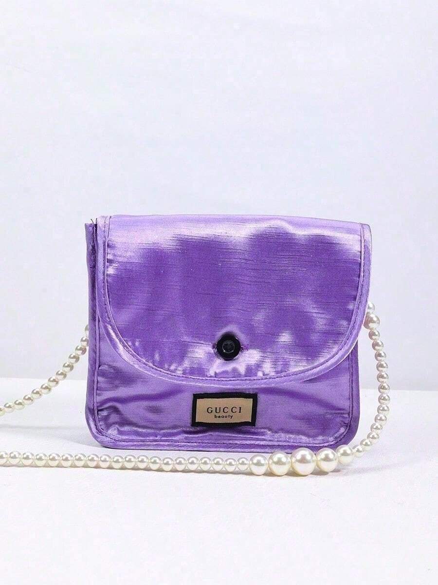 Gucci Purple Square Cosmetic Bag, DIY Pearl Chain Storage Bag, Fashion Shoulder Bag - Purple - View 1