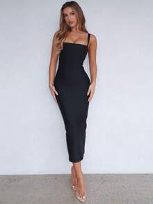 Summer Sleeveless Mid-Length Fitted Ribbed Dress, Sexy Bandage Dress, Elegant Black Cocktail Party Dress For Women - Black - View 6