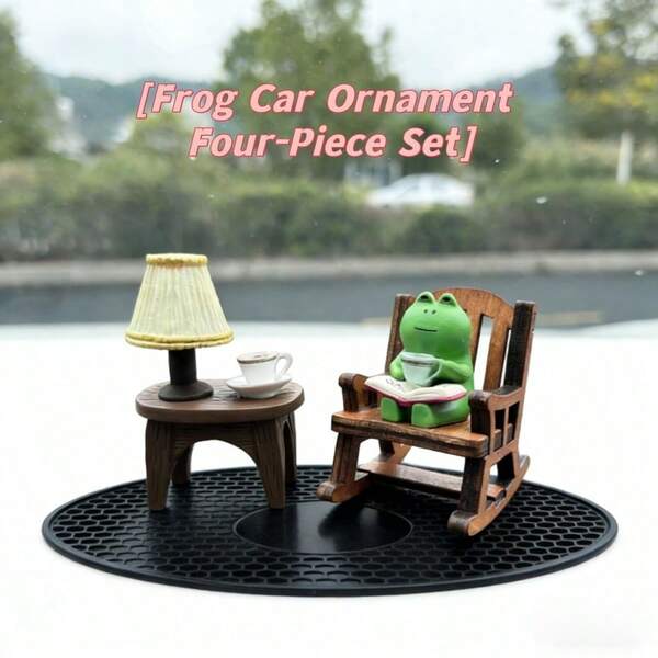 4pcs Cute Cartoon Frog Car Decor, Frog Sitting In Rocking Chair Reading Book, Suitable For Car Dashboard, Office Desk Decoration, Home And Auto Interior Decor