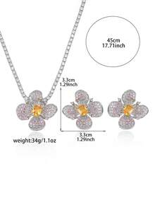Luxury Floral Jewelry Set, Pink Crystal Petal & Yellow Gemstone Flower Necklace & Earrings, Elegant & Graceful For Formal Events - Multicolor - View 3