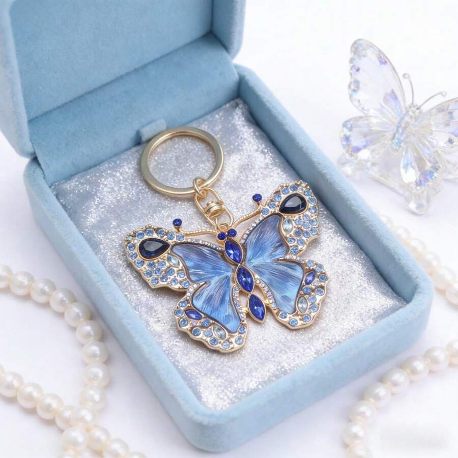 Butterfly Keychain, Gold-Toned Frame With Blue Textured Wings, Dark/Light Blue Sparkling Crystals, Iridescent Small Crystal Accents, Intricate 3D Exquisite Butterfly Design, Ideal Key Accessory, Party Outfits, Gifts For Insect Lovers & Valentines Gift - Màu xanh nhạt - Xem 1