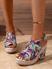 Giày sandal đế xuồng in họa tiết cầu vồng phong cách Bohemian dành cho nữ, giày đi biển đế xuồng hở mũi, đế cao chống trơn trượt, giày ngoài trời mùa xuân/hè, dép lê đa năng, giày biểu diễn gợi cảm, dép đi biển phối màu thoải mái, giày bệt hở mũi tiện dụng, giày cao gót in họa tiết nhiều màu sắc cho người nhỏ nhắn, giày dự tiệc. - Xanh đậm - Xem 4