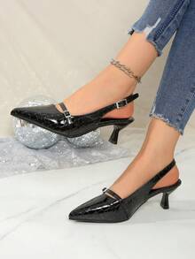 时尚女士尖头猫跟套脚凉鞋，优雅女士高跟鞋，适合婚礼、派对、宴会等场合，性感酒红色尖头搭扣套脚细高跟鞋 - 黑色 - 查看 4