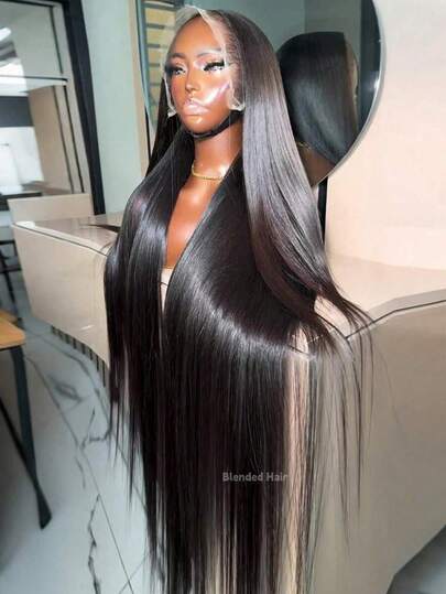 200% 密度 34 英寸 自然黑色 13x4 高清透明蕾丝前假发 耳到耳 预先拔毛 直发 混合发质 假发 婴儿发 自然适合任何场合佩戴